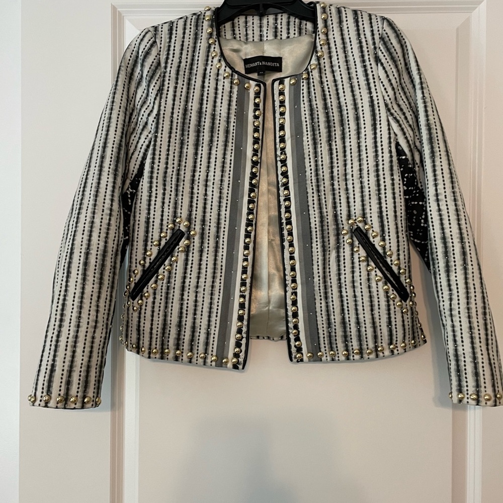 HEMANT & NANDITA Black and White Striped Studded Blazer Jacket